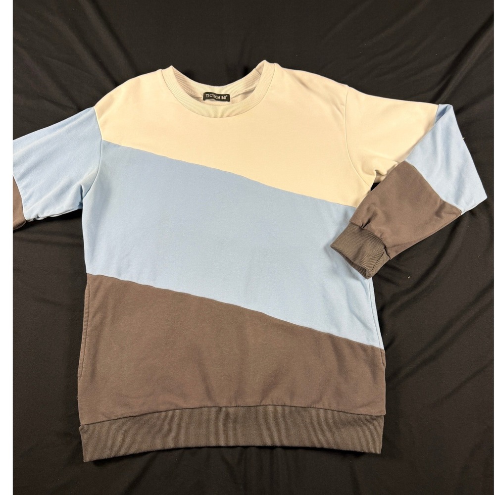 TICTICMIMI Colorblock Sweatshirt Pockets L Brown Blue Cream Streetwear Aesthetic
